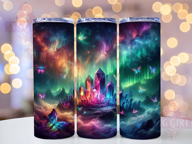 Northern Lights Butterfly Tumbler, Crystal Forest Design, Galaxy Butterflies Pattern, 20Oz Sublimation Wrap, Aurora Forest Art, Cosmic Butterfly Texture, Tumbler Sublimation Sublimation SvggirlplusArt 