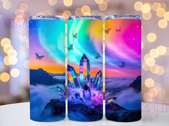 Northern Lights Butterfly Tumbler, Crystal Forest Design, Galaxy Butterflies Pattern, 20Oz Sublimation Wrap, Aurora Forest Art, Cosmic Butterfly Texture, Tumbler Sublimation Sublimation SvggirlplusArt 