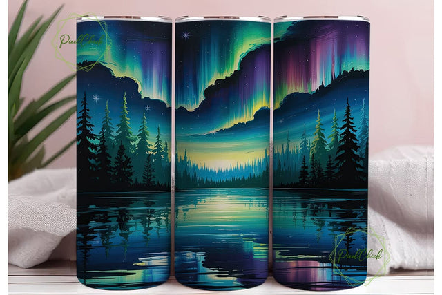 Northern Lights Forest 20oz Tumbler Wrap Sublimation PixelChick 