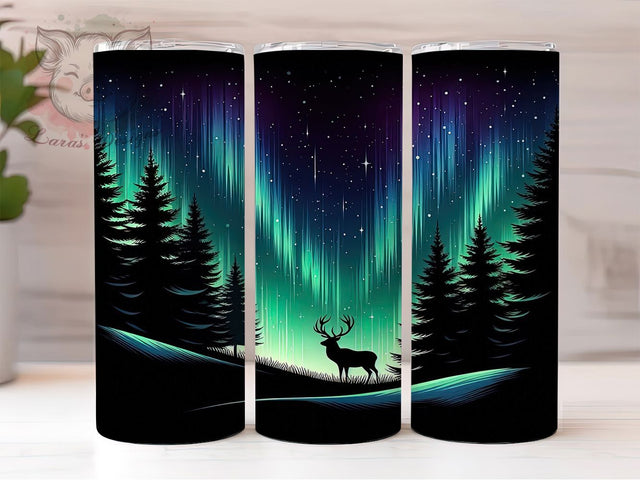 Northern Lights Night Sky Deer Tumbler, Night Sky Sublimation Design, Festive Deer Art, 20oz Holiday Tumbler, Whimsical Deer Mug, Stylish Aurora Cup, Cozy Night Sky Wrap Sublimation Lara' s Designs 