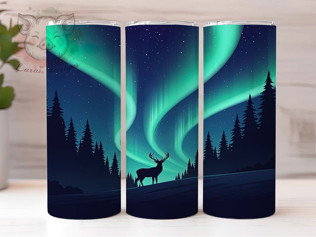 Northern Lights Night Sky Deer Tumbler, Night Sky Sublimation Design, Festive Deer Art, 20oz Holiday Tumbler, Whimsical Deer Mug, Stylish Aurora Cup, Cozy Night Sky Wrap Sublimation Lara' s Designs 