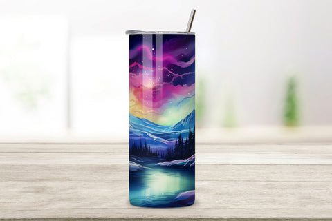 Northern Lights Tumbler Wrap | 20 oz Skinny Tumbler Wrap, Alcohol ink mountain landscape 20oz Sublimation Tumbler Designs, colorful landscape Straight Skinny Tumbler Sublimation FloridPrintables 