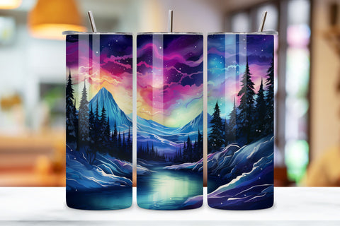 Northern Lights Tumbler Wrap | 20 oz Skinny Tumbler Wrap, Alcohol ink mountain landscape 20oz Sublimation Tumbler Designs, colorful landscape Straight Skinny Tumbler Sublimation FloridPrintables 
