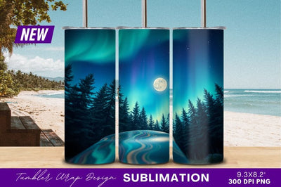 Northern Lights With Moon And Trees Tumbler Png Sublimation Regulrcrative 