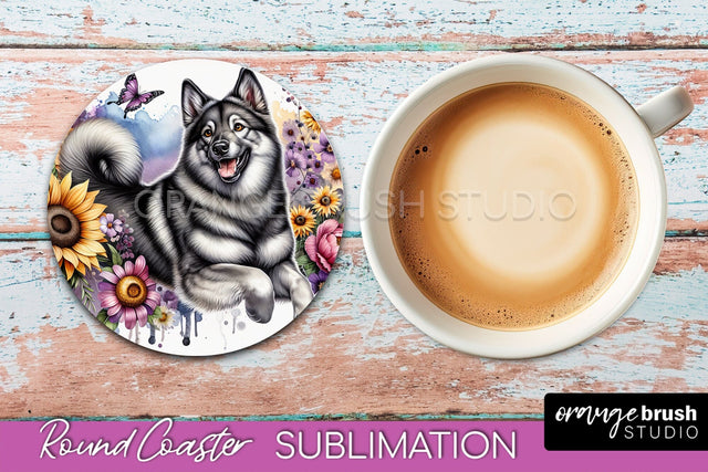 Norwegian Elkhound Round Coaster - Dog Mom Floral Coaster Sublimation Sublimation OrangeBrushStudio 