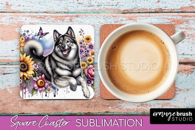 Norwegian Elkhound Square Coaster - Dog Mom Floral Coaster Sublimation Sublimation OrangeBrushStudio 