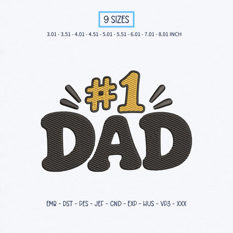 Number 1 Dad Embroidery Design – Best Dad #1 Father's Day Retro Typography Machine Embroidery File Embroidery/Applique DESIGNS PatternFeed8 