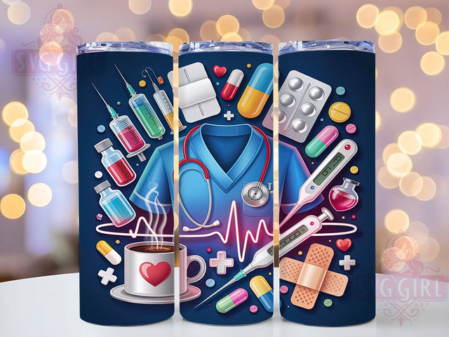 Nurse Design Medical Icons 20oz Tumbler, Medical Icons, Glossy 3D, Healthcare Theme, Navy Blue, Skinny Tumbler, Sublimation PNG Sublimation SvggirlplusArt 