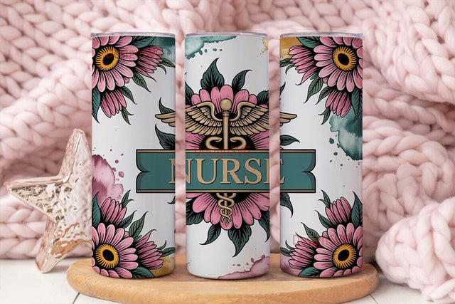 Nurse Floral Caduceus 20oz Tumbler Wrap Sublimation DesignSVG 