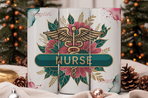 Nurse Floral Caduceus 20oz Tumbler Wrap Sublimation DesignSVG 