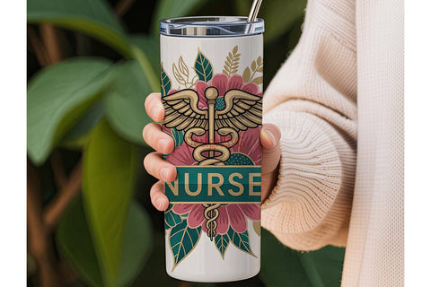 Nurse Floral Caduceus 20oz Tumbler Wrap Sublimation DesignSVG 