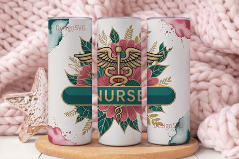 Nurse Floral Caduceus 20oz Tumbler Wrap Sublimation DesignSVG 