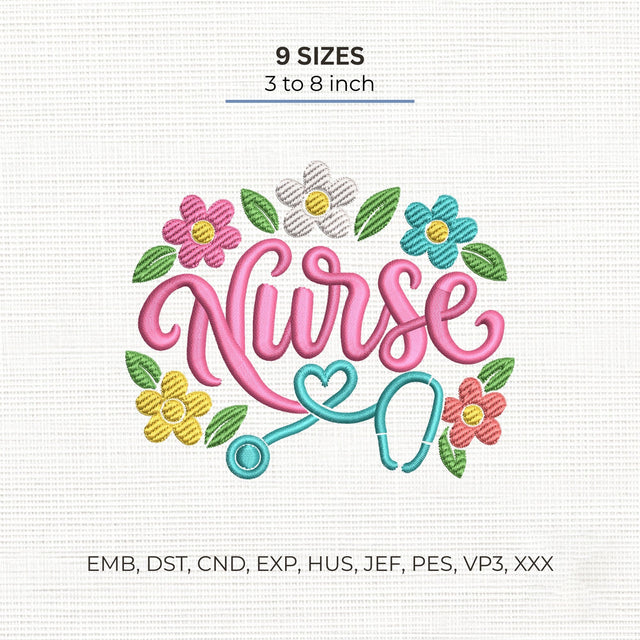 Nurse Floral Embroidery Design – Stethoscope Heart Flowers Nursing Machine Embroidery File Embroidery/Applique DESIGNS PatternFeed8 