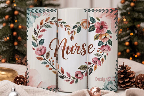 Nurse Floral Heart 20oz Tumbler Wrap Sublimation DesignSVG 