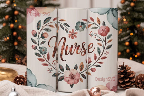 Nurse Floral Heart 20oz Tumbler Wrap Sublimation DesignSVG 