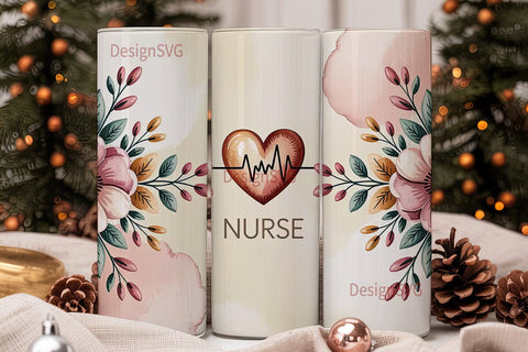 Nurse Floral Heart 20oz Tumbler Wrap Sublimation DesignSVG 
