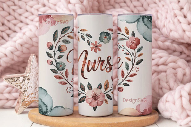 Nurse Floral Heart 20oz Tumbler Wrap Sublimation DesignSVG 