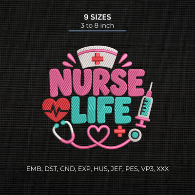 Nurse Life Embroidery Design – Nurse Hat Stethoscope Heart Medical Machine Embroidery File Embroidery/Applique DESIGNS PatternFeed8 