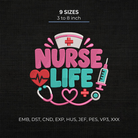 Nurse Life Embroidery Design – Nurse Hat Stethoscope Heart Medical Machine Embroidery File Embroidery/Applique DESIGNS PatternFeed8 