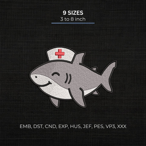 Nurse Shark Embroidery Design – Cute Shark Wearing Nurse Hat Medical Ocean Animal Machine Embroidery File Embroidery/Applique DESIGNS PatternFeed8 