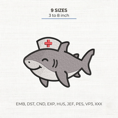 Nurse Shark Embroidery Design – Cute Shark Wearing Nurse Hat Medical Ocean Animal Machine Embroidery File Embroidery/Applique DESIGNS PatternFeed8 