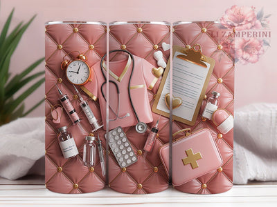 Nurse Theme Pink Quilted Luxe 20oz Tumbler, Pink Quilted, Leather Texture, Gold Studded, Luxury Design, 20oz Tumbler Wrap, Sublimation PNG Sublimation Li Zamperini 