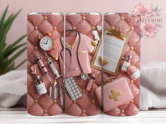 Nurse Theme Pink Quilted Luxe 20oz Tumbler, Pink Quilted, Leather Texture, Gold Studded, Luxury Design, 20oz Tumbler Wrap, Sublimation PNG Sublimation Li Zamperini 
