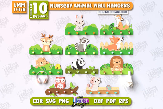Nursery Animal Wall Hangers Laser Cut Bundle | Kids Hangers | Wall Hangers Template | Nursery Décor | Kids Room | CNC Files SVG The T Store Design 