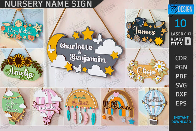 Nursery Name Signs Laser Cut Bundle | Home Decor | Children's Room Sign | Door Sign | Personalized Nursery Sign | Animals Design | Signboard | 3D Kids Laser | New Born SVG | Wall Decor | CNC Files SVG Fly Design 
