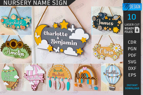 Nursery Name Signs Laser Cut Bundle | Home Decor | Children's Room Sign | Door Sign | Personalized Nursery Sign | Animals Design | Signboard | 3D Kids Laser | New Born SVG | Wall Decor | CNC Files SVG Fly Design 