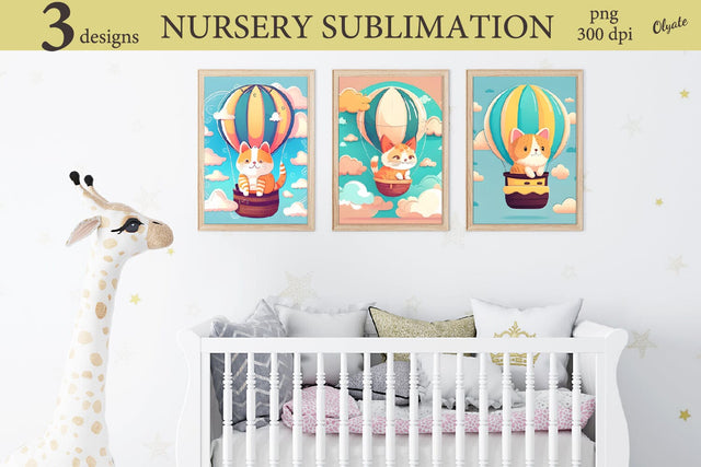 Nursery Poster Clipart. Air Balloons PNG.Cute Cat PNG Sublimation Olga Terlyanskaya 