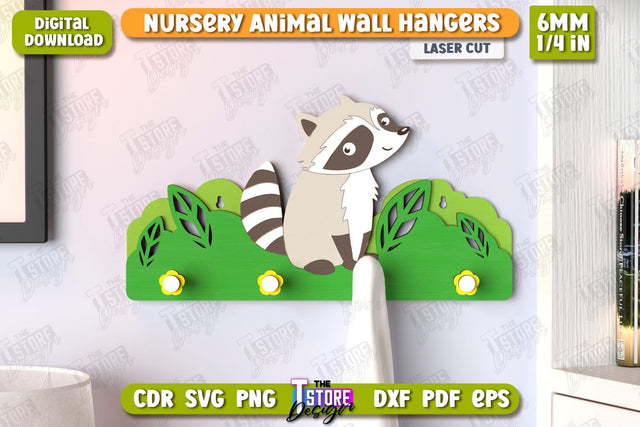 Nursery Raccoon Wall Hangers Laser Cut | Kids Hangers | Wall Hangers Template | Nursery Décor | Kids Room | CNC File SVG The T Store Design 