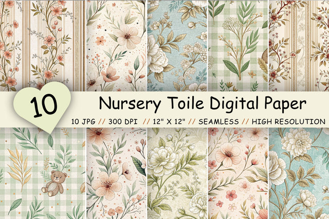 Nursery Toile Digital Paper Pack, Vintage Floral Toile, Gingham & Stripe Seamless Patterns, Scrapbooking & Printable Crafts Digital Pattern FloridPrintables 