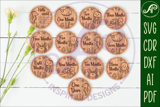 Ocean animals themed Baby monthly milestone discs SVG laser SVG APInspireddesigns 