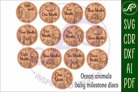 Ocean animals themed Baby monthly milestone discs SVG laser SVG APInspireddesigns 
