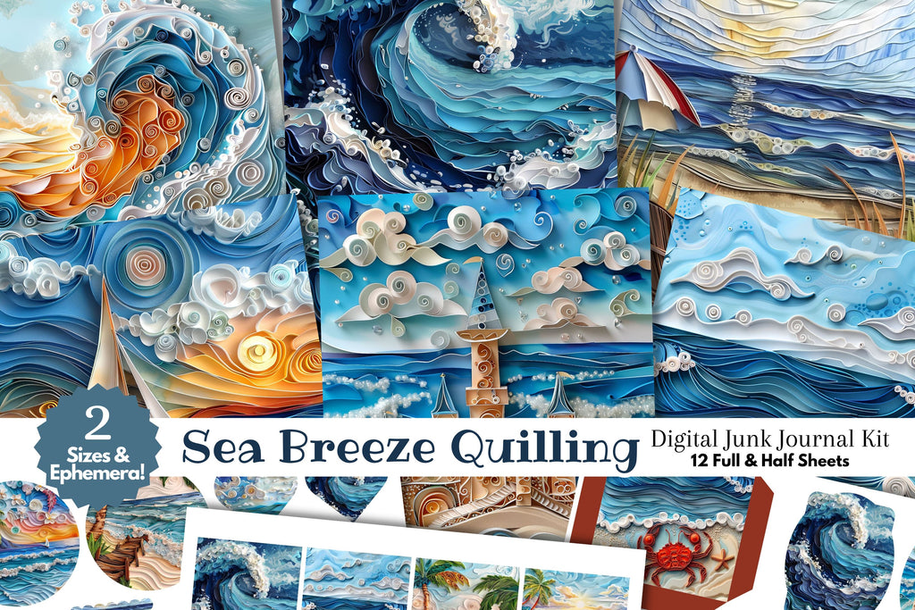 Ocean Beach Quilling Digital Junk Journal Kit Half Page - So Fontsy