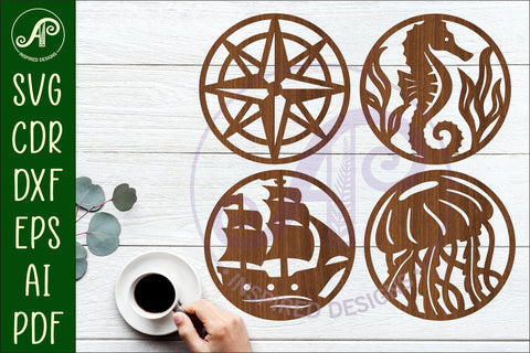Ocean, nautical Coasters, laser cut out beach designs 4 SVG APInspireddesigns 