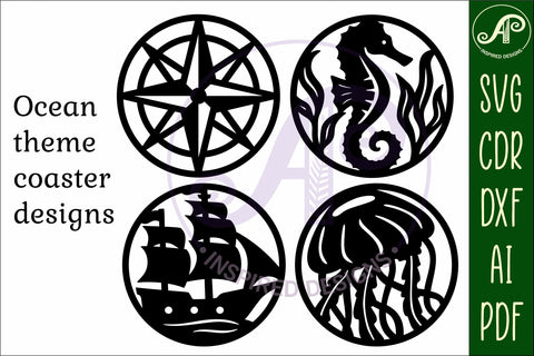 Ocean, nautical Coasters, laser cut out beach designs 4 SVG APInspireddesigns 