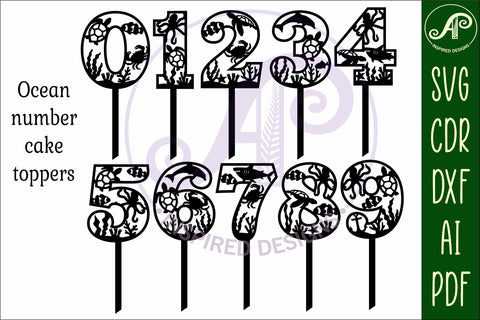 Ocean number cake toppers SVG cut files underwater party SVG APInspireddesigns 