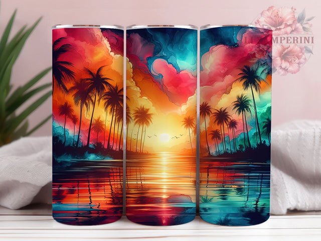 Ocean Palm Tropical Beach Tumbler, Tropical Beach Wrap, 20oz Tumbler Sublimation, Relaxing Island Design, Blue Water Aesthetic, Coastal Vacation Tumbler, Sunset Paradise Art Sublimation Li Zamperini 