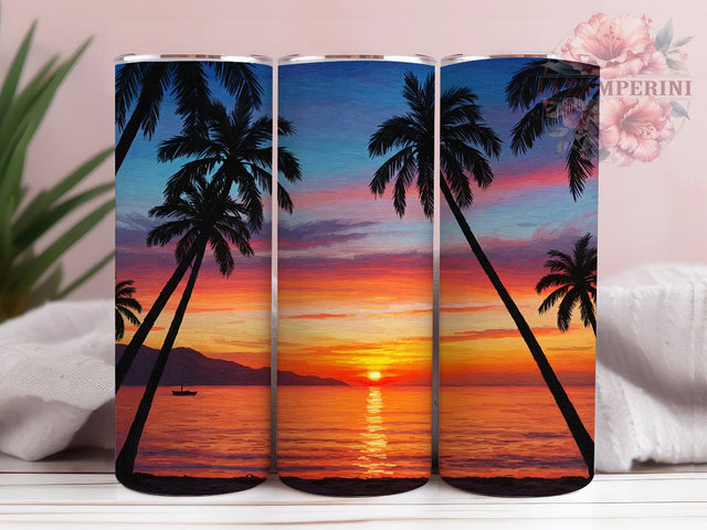 Ocean Palm Tropical Beach Tumbler, Tropical Beach Wrap, 20oz Tumbler Sublimation, Relaxing Island Design, Blue Water Aesthetic, Coastal Vacation Tumbler, Sunset Paradise Art Sublimation Li Zamperini 