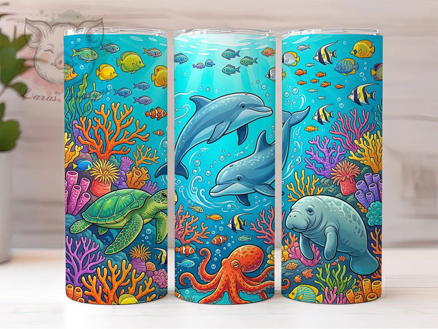 Ocean Reef Dolphins 20oz Tumbler, Dolphin Motif, Ocean Theme, Reef Design, Marine Life, Nature Inspired, 20oz Wrap, Sublimation Tumbler Sublimation Lara' s Designs 