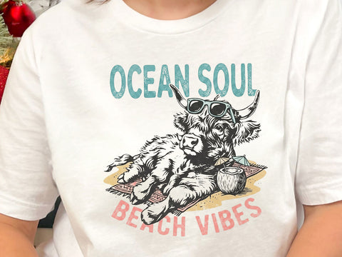 Ocean Soul Beach Vibes PNG, Highland Cow Beach Shirt Design SVG DesignDestine 