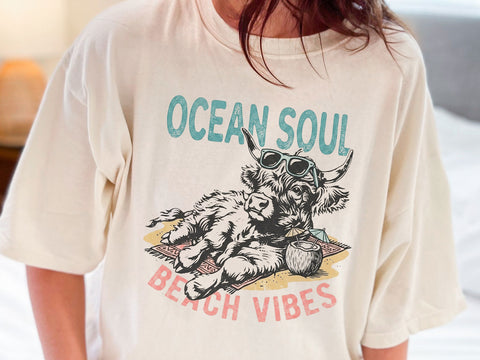 Ocean Soul Beach Vibes PNG, Highland Cow Beach Shirt Design SVG DesignDestine 