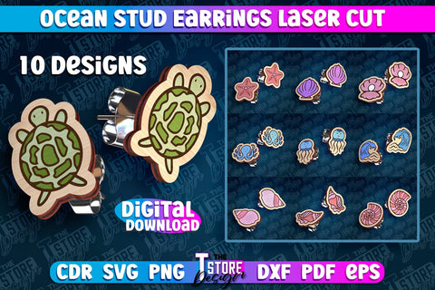 Ocean Stud Earrings Laser Cut | Accessories Laser Cut Design | CNC Files SVG The T Store Design 