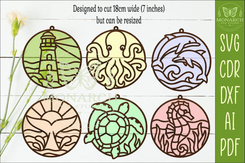 Ocean Suncatcher SVG Bundle, Coastal Ornament Laser Cut Files, Turtle Dolphin Whale SVG APInspireddesigns 
