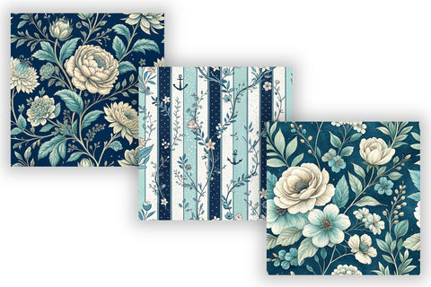 Ocean Toile Digital Paper Pack, Vintage Floral Toile, Gingham & Stripe Seamless Patterns, Wedding, Scrapbooking & Printable Crafts Digital Pattern FloridPrintables 