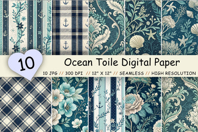 Ocean Toile Digital Paper Pack, Vintage Floral Toile, Gingham & Stripe Seamless Patterns, Wedding, Scrapbooking & Printable Crafts Digital Pattern FloridPrintables 