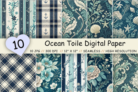 Ocean Toile Digital Paper Pack, Vintage Floral Toile, Gingham & Stripe Seamless Patterns, Wedding, Scrapbooking & Printable Crafts Digital Pattern FloridPrintables 