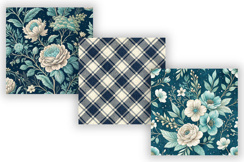 Ocean Toile Digital Paper Pack, Vintage Floral Toile, Gingham & Stripe Seamless Patterns, Wedding, Scrapbooking & Printable Crafts Digital Pattern FloridPrintables 